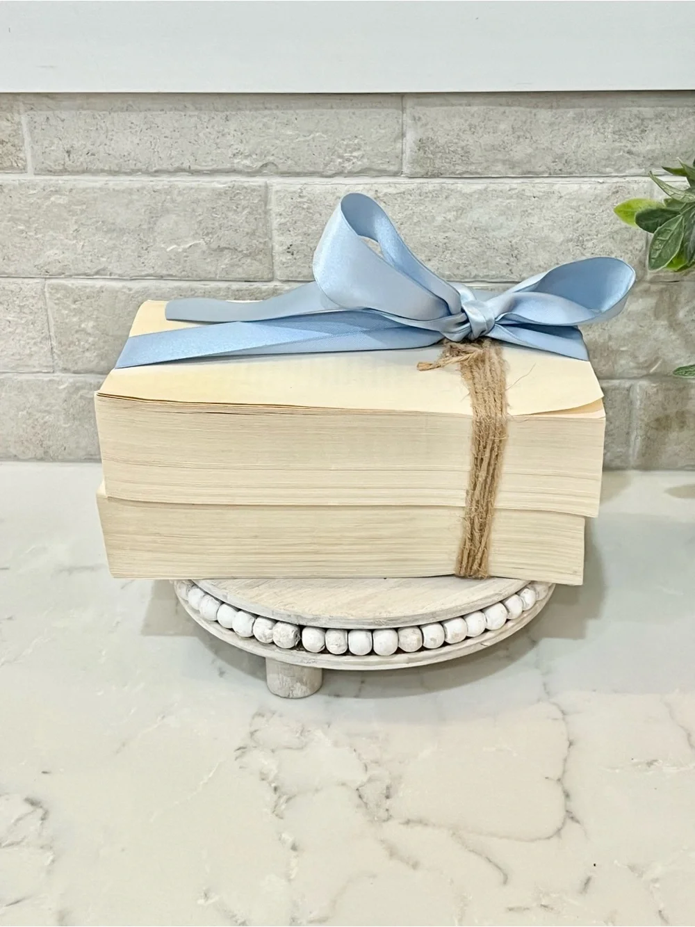 White Decorative real Book Stack with Light Blue Ribbon - Love Always